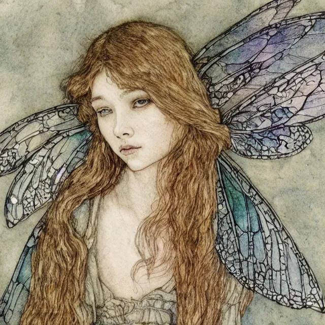 Prompt: a detailed, intricate watercolor and ink portrait illustration with fine lines of young 1 4 year old scarlett johannson as a fairy with dragonfly wings wearing a peasant dress, by arthur rackham and edmund dulac and lisbeth zwerger