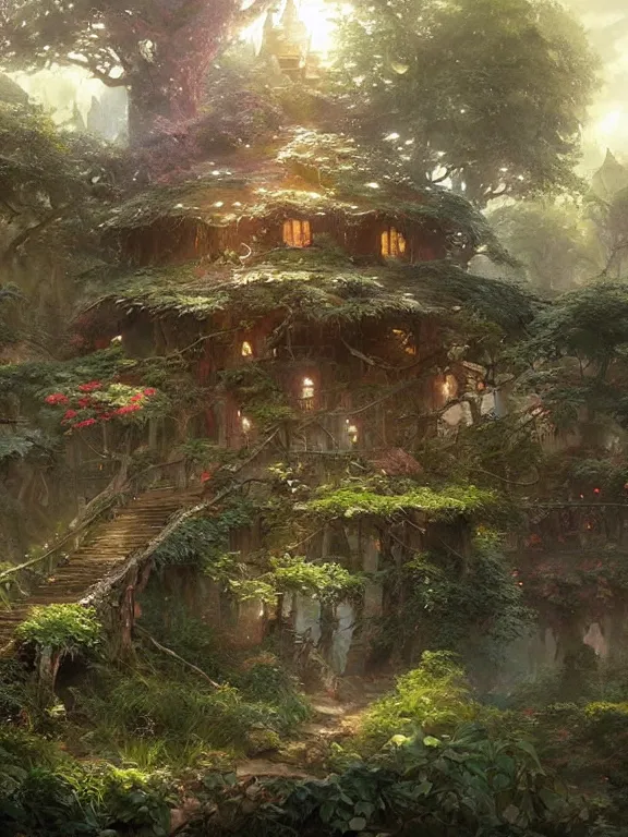 Image similar to worm's eye view of a elven headquarters tree house and flower garden, neat and tidy, magical, natural light, fantasy, sharp focus, concept art, by greg rutkowski and craig mullins, cozy atmospheric