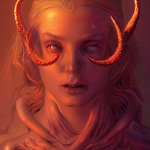 Prompt: photorealistic demon goddess in the style of michael whelan and gustave dore. hyperdetailed photorealism, 1 0 8 megapixels, amazing depth, glowing rich colors, powerful imagery, psychedelic overtones, 3 d finalrender, 3 d shading, cinematic lighting, artstation concept art