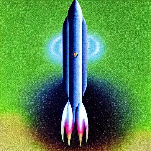Image similar to A rocketship about to land on an unfamiliar planet, super cool rocket, Acrylic Paint, Concept Art, Digital Art, 16-bit RGB, Global Illumination, by Peter Elson, by Alex Grey