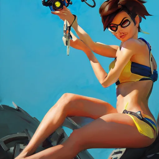 Image similar to greg manchess portrait painting of overwatch's tracer in a bikini, pinup art, medium shot, asymmetrical, organic painting, sunny day, matte painting, bold shapes, hard edges, street art, trending on artstation, by huang guangjian and gil elvgren and sachin teng