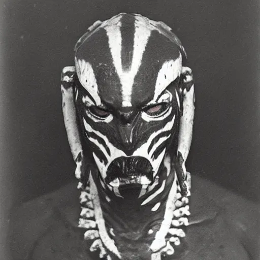 Image similar to photograph of yautja ( predator ) by edwardian, male, 1 9 0 0 s, 1 9 1 0 s, grainy, slightly blurry, faded, realistic face