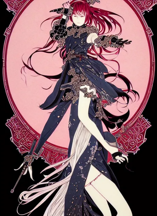 Prompt: artstation fantastic fate manga poster of princess mechine, takato yamamoto, long hair, art nouveau, armor, laces, ruffles, by katsuhiro otomo, shigenori soejima, minaba hideo, jump comics, fluorescent, illustration,, highly detailed, 8 k, maximalist,