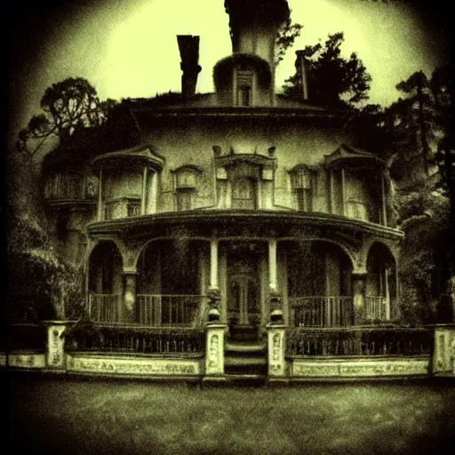 Image similar to lomo photo of haunted mansion, dark, scary, moody, gloomy, foggy