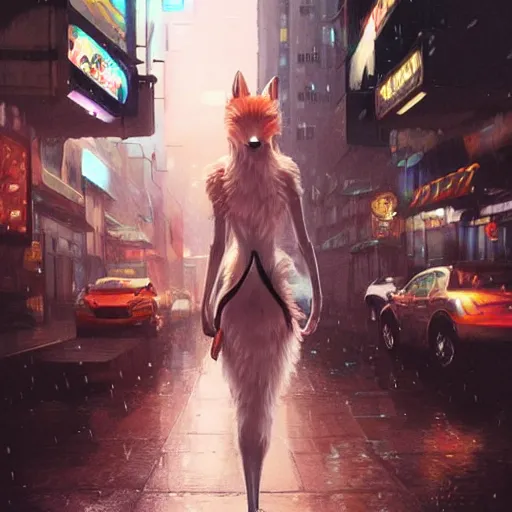 Image similar to white anthropomorphic female vulpes vulpes fulva, long snout, fluffy tail, smoking a cigarette in the rain, in crowded and wet street of a city, cyberpunk, harsh neon lights, highly detailed, digital painting, trending on artstation, concept art, illustration, art by artgerm and greg rutkowski and magali villeneuve