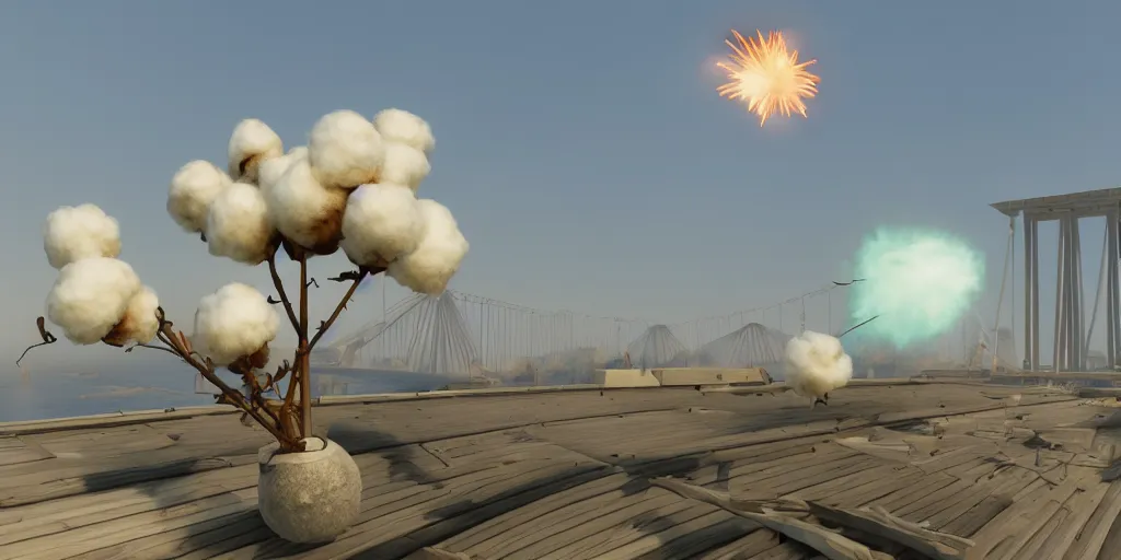 Image similar to explosion in the form of cotton plant on the crimean bridge, team fortress style, 3 d octane remder, epic lighting, 8 k, by goro fujita