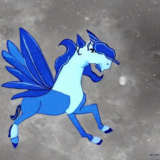 Prompt: A lonely blue unicorn-pegasus sits on the moon's surface, sitting in the moon dust crying