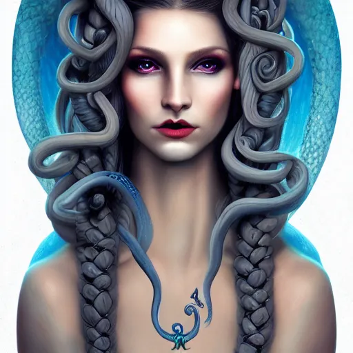 Prompt: character concept portrait of a beautiful woman with pale full face, medusa, snakes for hair, blue / grey eyes, intricate, elegant, digital painting, art nouveau, smooth, focus, rim light