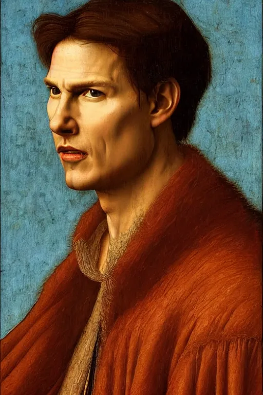 Image similar to renaissance 1 6 0 0 portrait of tom cruise, oil painting by jan van eyck, northern renaissance art, oil on canvas, wet - on - wet technique, realistic, expressive emotions, intricate textures, illusionistic detail