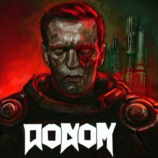 Prompt: Alexi Navalny in the style of DOOM cover art