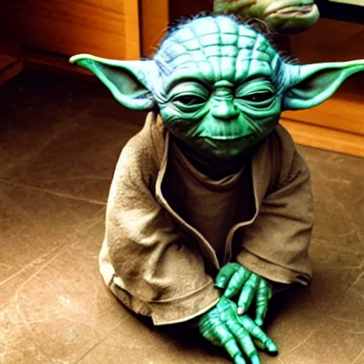 Image similar to yoda sitting on toilett