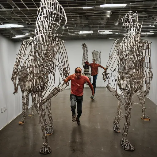 Prompt: a contemporary art sculpture of 5 tall man running with long arm and a big head, in the style of cesar baldaccini, tinguely, arman, medium shot, busy, made of intricate metal pieces, abstract, intricate, dirty, leds, indoor, studio lighting, hyper realistic, highly detailed, 8 k