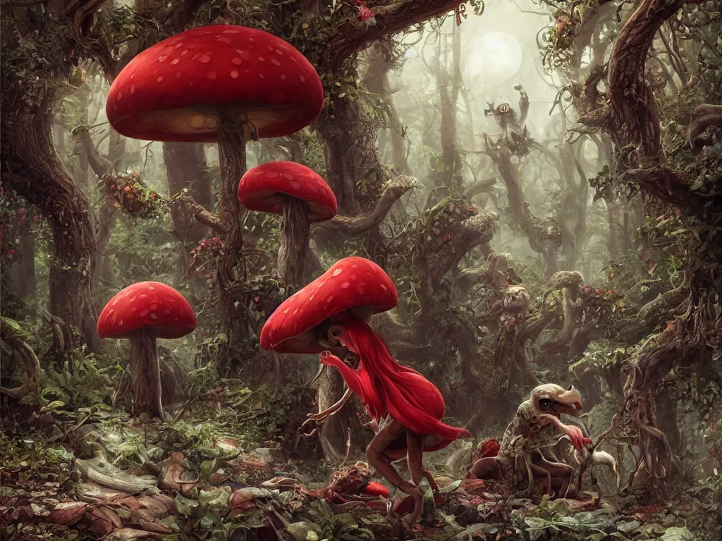 Prompt: Drunk mad mushroom-werewolf engaged in the social adaptation of little red riding hood. Photorealistic, lifelike, Unreal Engine, sharp, detailed, 8K, by Gerald Brom, Dan Mumford, Stephan Martiniere