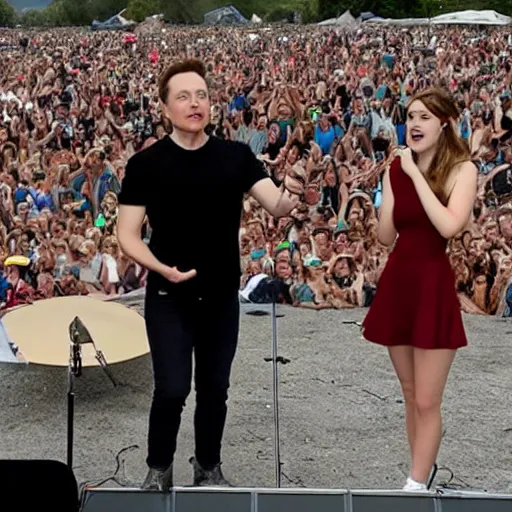 Image similar to elon musk & emma watson performing at woodstock