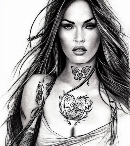 Image similar to tattoo design sketch of megan fox face against a background of beautiful mountains and nature, hyper - realistic, in the style of den yakovlev, amazing detail, black and white