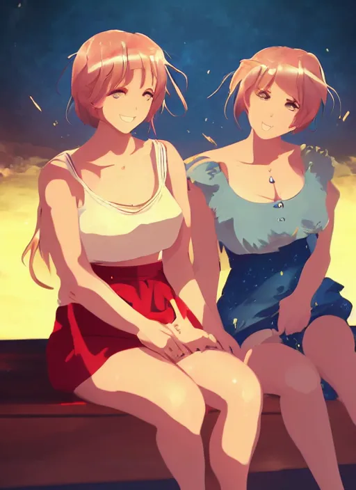 Image similar to two beautiful mothers sitting on a hot summer evening, gorgeous faces, thick lines, cinematic lighting, detailed anime art