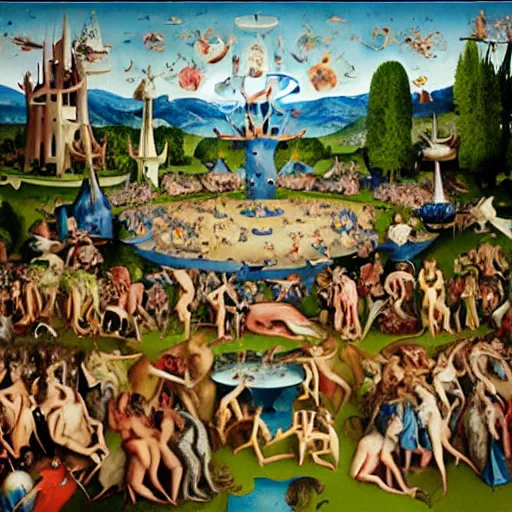 Image similar to a photorealistic version by david lachapelle of a bosch garden of earthly delights
