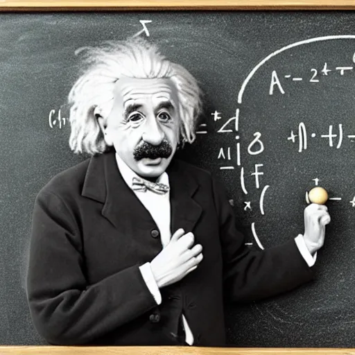 Image similar to miniature claymation albert einstein standing in front of blackboard with lots of mathematical formulas chalked on