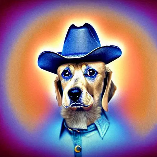 Image similar to a cute dog wearing a cowboy hat,pale colors, in style of deep dream