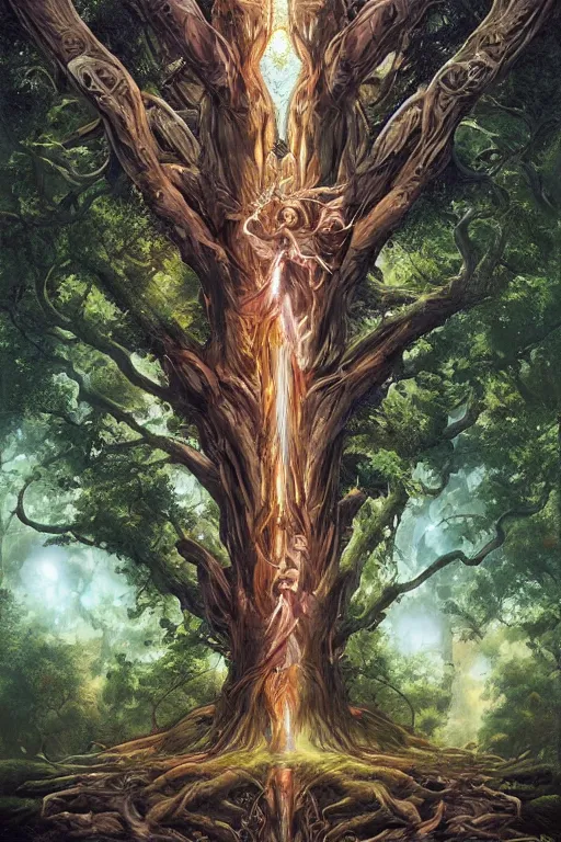 Image similar to tree of four seasons, volymetric light, highly detailed matte painting by noriyoshi ohrai, by charlie bowater, by mark brooks