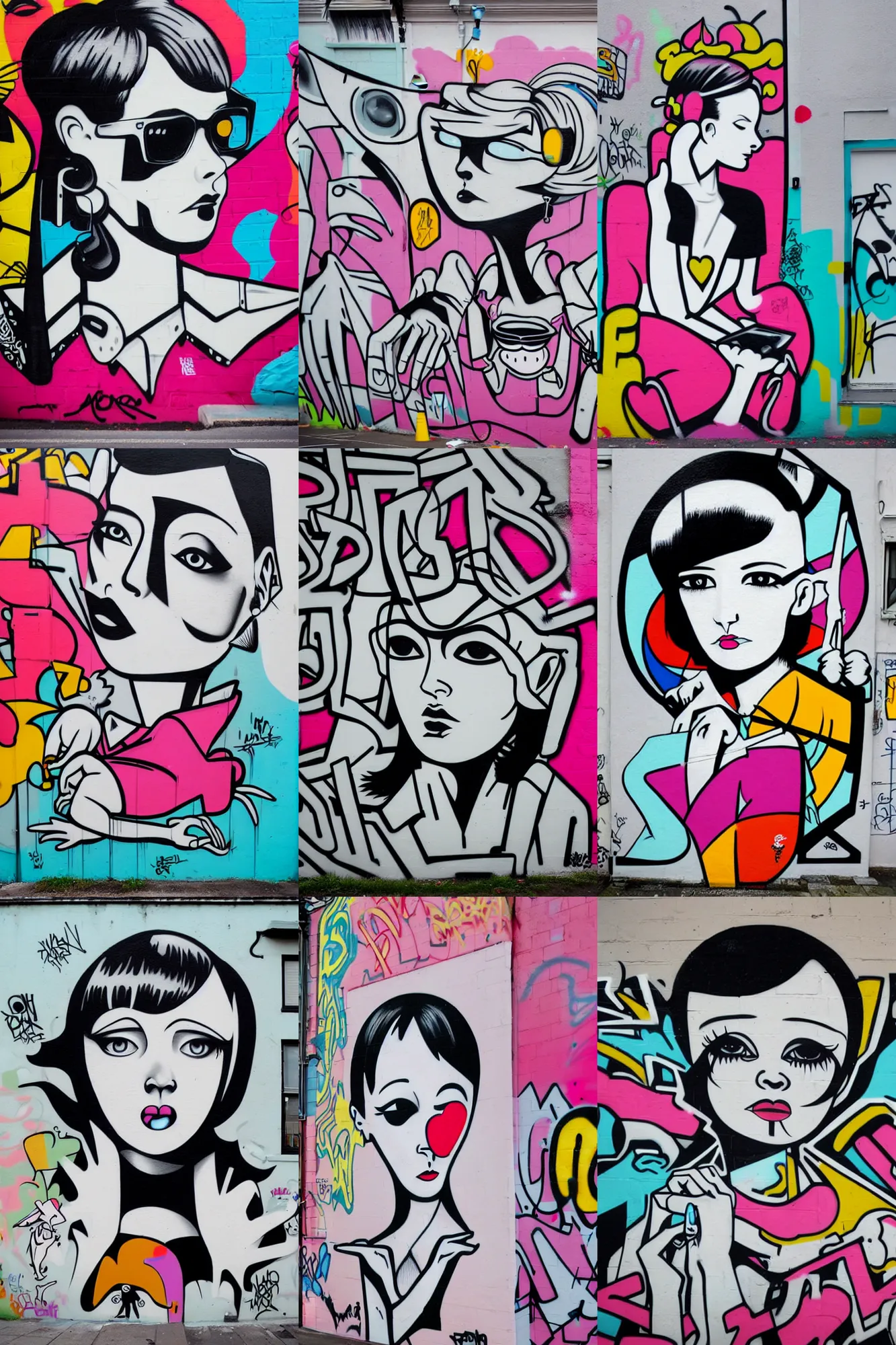 Prompt: graffiti of 2 2 year old mary louise brooks, concepr graffiti street art, bright colours, mcbess