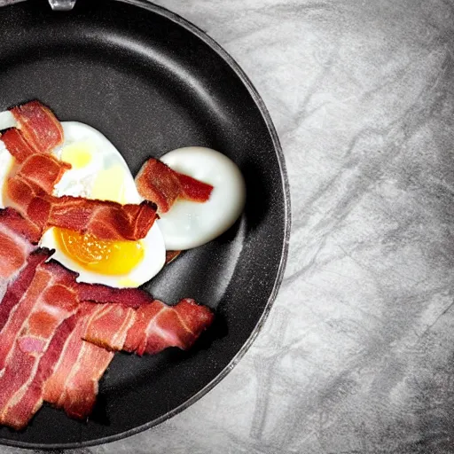 Image similar to cyberpunk bacon and eggs in pan, closeup, close angle, dramatic lighting