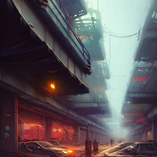 Image similar to professional concept art of a dreary diesel punk city street by artgerm and greg rutkowski. an intricate, elegant, highly detailed digital painting, concept art, smooth, sharp focus, illustration, in the style of simon stalenhag, wayne barlowe, and igor kieryluk.