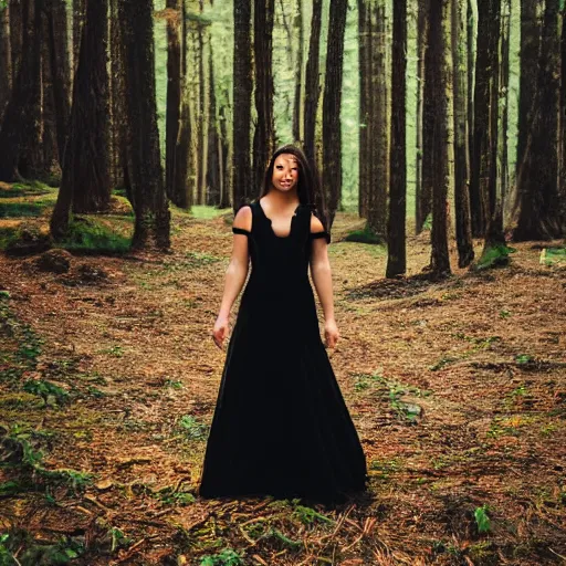 Prompt: photo portrait of a beautiful woman wearing a black gown in a bright forest