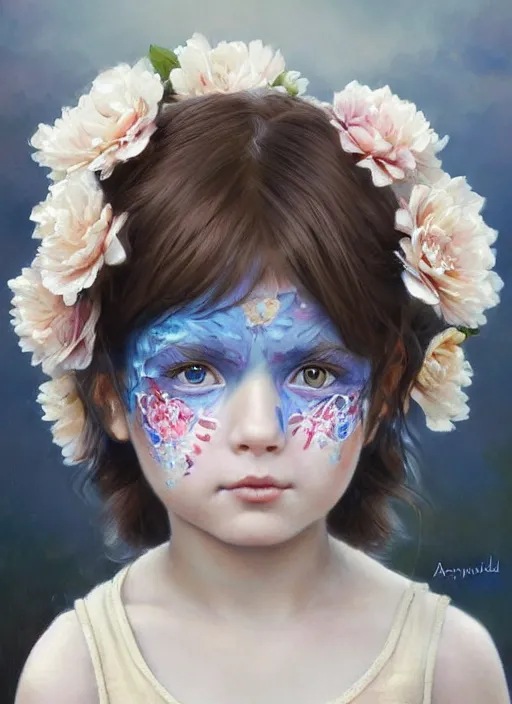 Image similar to a little girl with short wavy brown hair and blue eyes with her face painted. face painting of flowers. beautiful highly detailed face. painting by artgerm and greg rutkowski and raymond swanland.