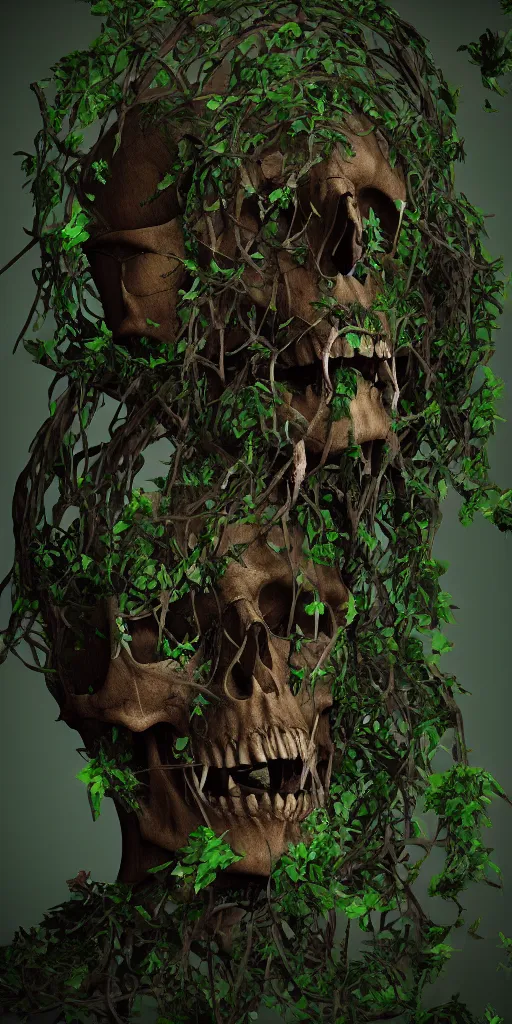 Image similar to a skull shrouded in body horror vines, atmospheric, trending on artstation, 4K, subsurface scattering, global illumination, cinematic lighting, UHD, HDR