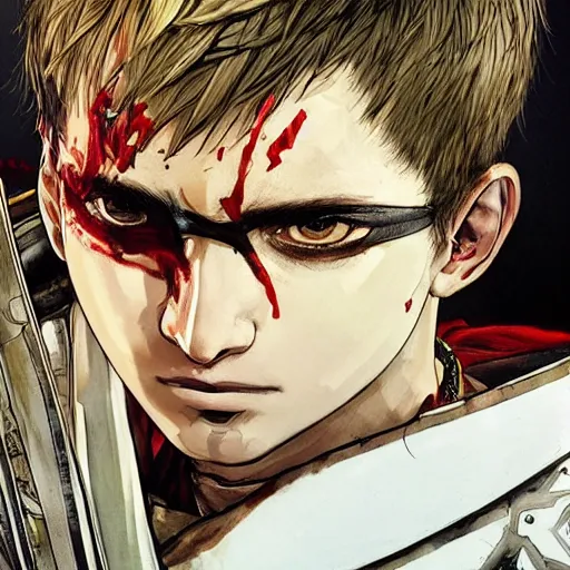 Image similar to portrait of a young white hero using his right arm to hold his sword covering his eye by yoji shinkawa, high quality, extra details, realism, ornate, colored, golden chain, blood, white skin, short hair, brown eyes, vivid, sunlight, headband, eyepatch, white american soldier, painting, proud, cybernetics, military