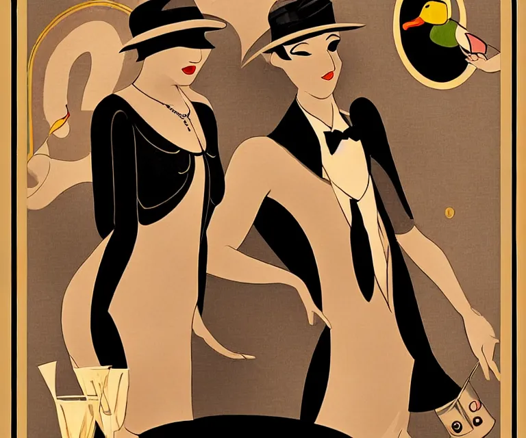 Prompt: duck anthro as classy 1920s party-goer, dimly lit upscale 1920s speakeasy, relaxed pose, art deco, detailed painterly digital art style by Osamu Tezuka, retro vibe, furaffinity, 🍸, 8k octane beautifully detailed render, post-processing, extremely hyperdetailed, intricate, epic composition, grim yet sparkling atmosphere, cinematic lighting + masterpiece, trending on artstation, very detailed, vibrant colors, Art Nouveau, masterpiece