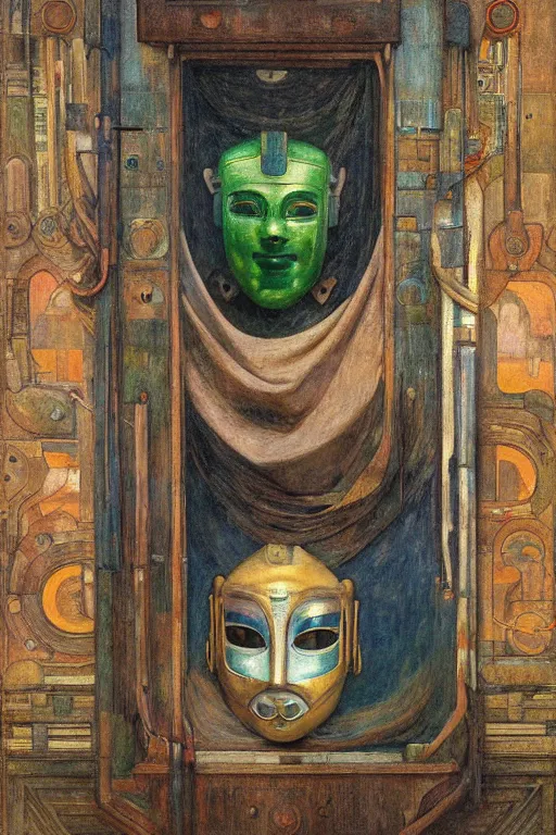 Image similar to the queen in her robot mask stands by the window, by Annie Swynnerton and Diego Rivera and Elihu Vedder, symbolist, dramatic lighting, elaborate geometric ornament, Art Brut, soft blues and greens,smooth, sharp focus, extremely detailed, Adolf Wölfli and Evelyn De Morgan