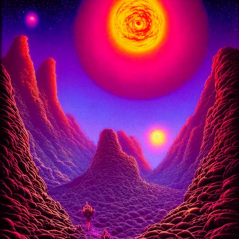 Image similar to astral travel mysterious desert canyon at night, infinite sky, synthwave, bright neon colors, highly detailed, cinematic, tim white, philippe druillet, roger dean, ernst haeckel, lisa frank, michael whelan, kubrick, kimura, isono