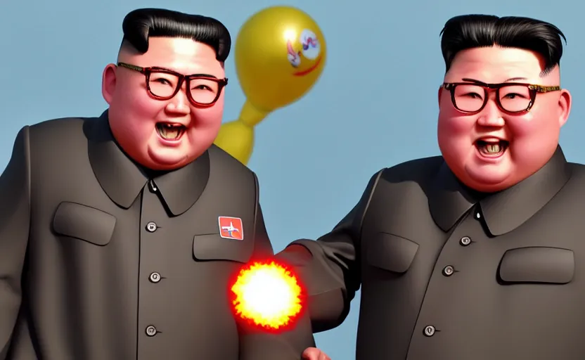 Prompt: very cute happy kim jong un pressing a detonation red button, disney pixar character concept artwork, 3 d concept, fortnite character, high detail iconic character for upcoming film, 8 k octane render