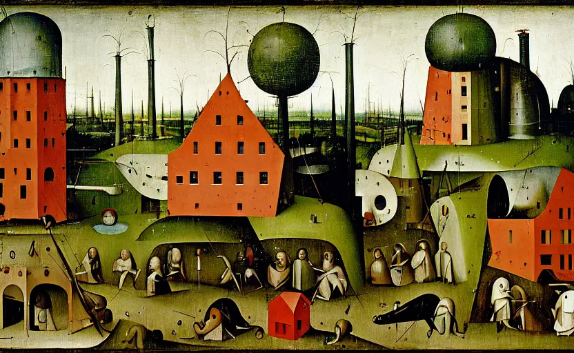 Image similar to geometric painting of industrial buildings surrounded by undergrowth by hieronymus bosch