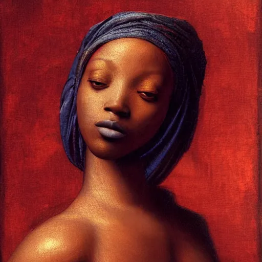 Image similar to a painting of a beautiful African woman by Leonardo da Vinci . dramatic angle, ethereal lights, details, smooth, sharp focus, illustration, realistic, cinematic, artstation, award winning, rgb , unreal engine, octane render, cinematic light, macro, depth of field, blur, red light and clouds from the back, highly detailed epic cinematic concept art CG render made in Maya, Blender and Photoshop, octane render, excellent composition, dynamic dramatic cinematic lighting, aesthetic, very inspirational, arthouse.