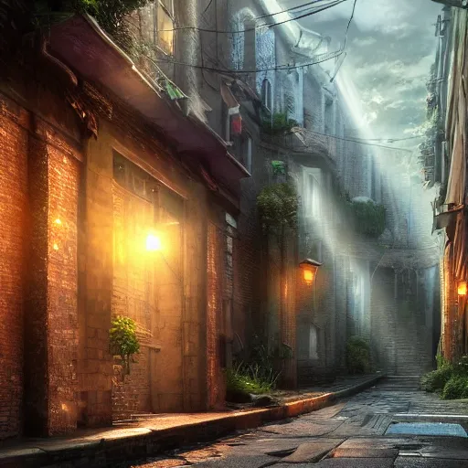 Prompt: a professional photographic picture of an alley ,photographic filter unreal engine 5 realistic hyperdetailed 8k ultradetail cinematic concept art volumetric lighting, fantasy artwork, very beautiful scenery, very realistic painting effect, hd, hdr, cinematic 4k wallpaper, 8k, ultra detailed, high resolution, artstation