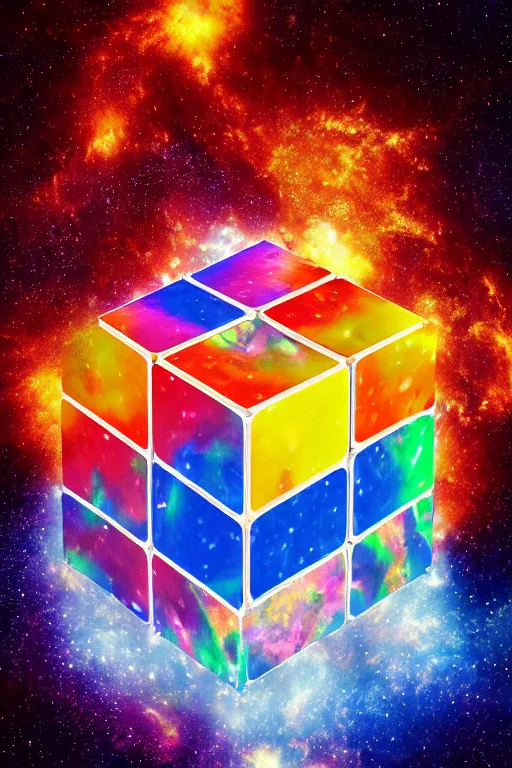 Image similar to four dimensional parallel universe cosmic rubik's cube hypercube tesseract with wormholes, energy, galaxies and cubes around it. epic, dramatic, cinematic, digital art, octane render, blender, 8 k, hyperrealistic, trending on artstation