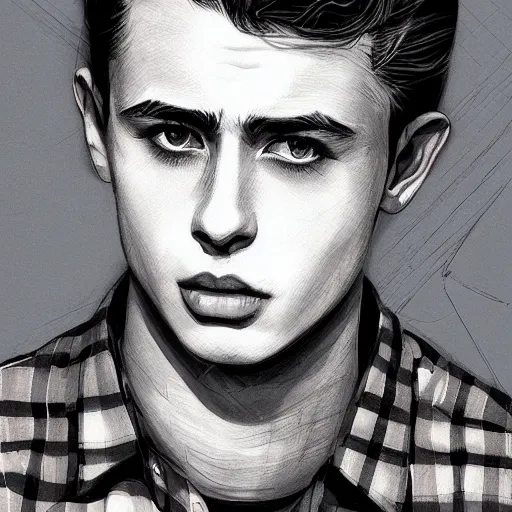 Image similar to young james dean teenage boy man, in a black and red checked flannel shirt, in a style of 8 0's horror style, wlop, artgerm, jason chan, charlie bowater, sergey kolesov, watercolor on paper, hyper detail portrait, closeup on face, exquisite detail, profile picture,