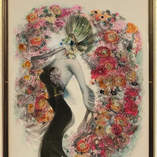 Prompt: Louis Icart, an old elaborate painting of an abstract robot tornado made entirely out of flowers coming out of her head, highly detailed, swirling, flowing, dancing, dreaming, masterpiece - H 704