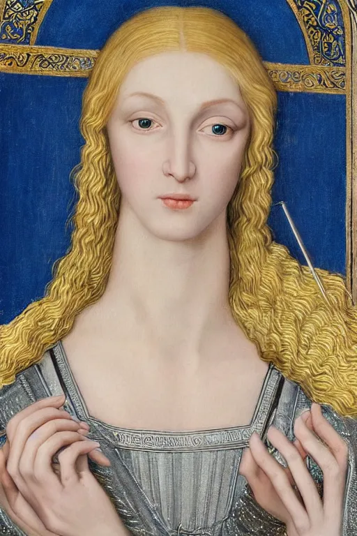 Image similar to hyper - realistic close - up mythological portrait of a medieval blonde with a huge amount of color in the сaravaggisti style, pale skin, in a silver silk robe, blue palette