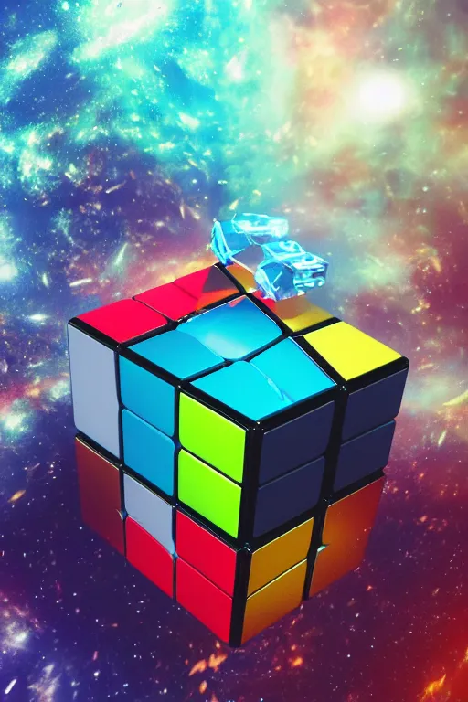 Image similar to four dimensional parallel universe cosmic rubik's cube hypercube tesseract with wormholes, energy and galaxies around it. epic, dramatic, cinematic, digital art, octane render, blender, 8 k, hyperrealistic, trending on artstation