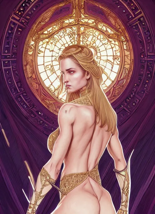 Image similar to symmetry!! intense fanart of back pose of emma frost as acotar protagonist, traditional queen dress, intricate, hyper detailed background, elegant, highly detailed, my rendition, digital painting, artstation, concept art, smooth, sharp focus, illustration, art by artgerm, greg rutkowski and alphonse mucha, by hajime sorayama and boris vallejo