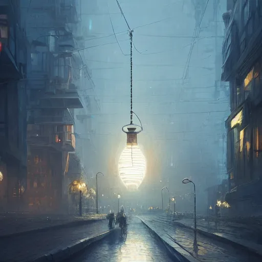 Image similar to a modern city inside a light bulb, by greg rutkowski, trending on artstation,hyperrealistic, Full HD Resolutions cinematic Rendering unreal engine cinema4D surreal romanticism art