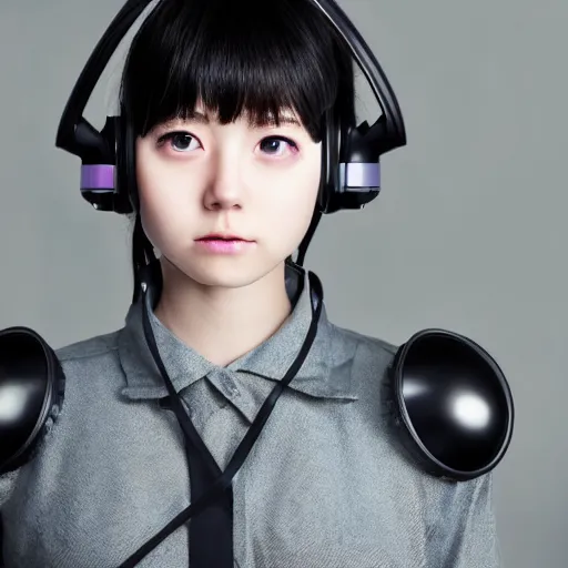 Prompt: stunning photorealistic portrait of cute cyber punk high school girl from Japan. she is wearing heavy complicated future headsets. award winning, taken by canon 5d mk4, art lens, perfect lighting