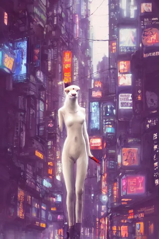 Image similar to beautiful portrait of a tall white female anthro fox smoking a cigarette towering head and shoulders above the bustling crowd of a rainy city street around her, cyberpunk clothes, cyberpunk, harsh neon lights, highly detailed, sharp focus, digital painting, illustration, trending on artstation, art by sakimichan, wlop, greg rutkowski