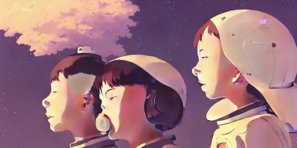 Image similar to 3 d portrait of smiling boy and girl teens with astronaut helmets by ilya kuvshinov, cloudy sky background lush landscape ln illustration concept art anime key visual trending pixiv by victo ngai fanbox by greg rutkowski makoto shinkai takashi takeuchi studio ghibli