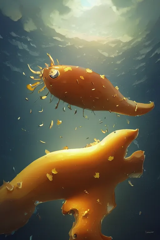 Image similar to a very cute sea slug with flying petals of gold, by rhads, makoto shinkai and lois van baarle, johannes voss, low angle fisheye view, eerie night mist sky whith plump white clouds, elegant, highly detailed, artstation, 8 k, unreal engine, hdr, concept art, volumetric lighting matte