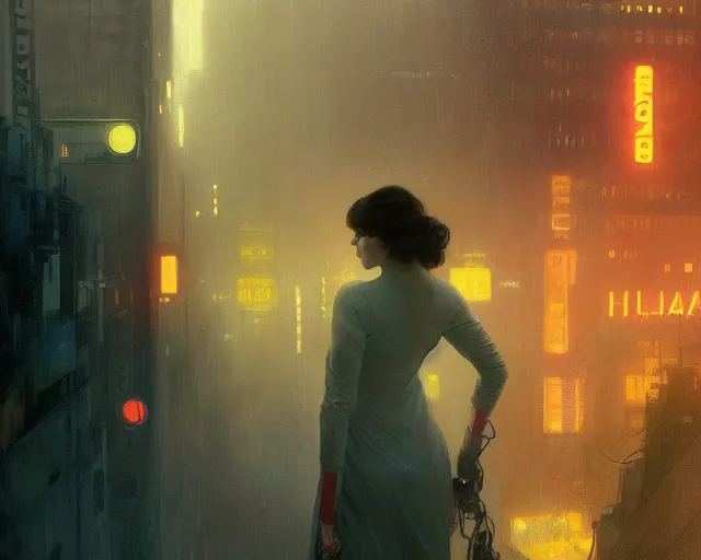 Image similar to 2 0 1 8 blade runner movie still girl look at the cityscape from roof perfect face fine realistic face pretty face neon puffy jacket blue futuristic sci - fi elegant by denis villeneuve tom anders zorn hans dragan bibin thoma greg rutkowski ismail inceoglu illustrated sand storm alphonse mucha